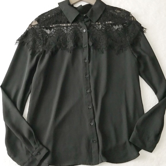 Lace Yoke Black Button Down Top - Picture 1 of 7